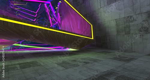 Abstract Concrete Futuristic Sci-Fi interior With Violet And Yellow Glowing Neon Tubes . 3D illustration and rendering.
