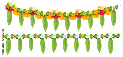 Indian flower garland of mango leaves and marigold flowers. Ugadi holiday ornate decoration photo