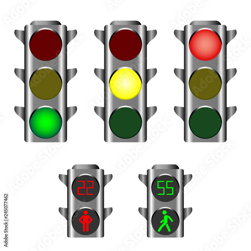 LED traffic lights showing red, amber or green lights for drivers and pedestrian lights red and green