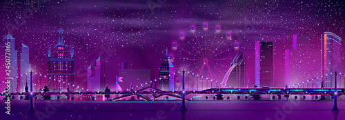 Metropolis night landscape neon color cartoon vector panoramic urban background. Illuminated skyscrapers buildings, Ferris wheel, subway train on bridge in foggy and snowy winter weather illustration