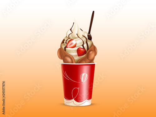 Vector bubble waffle with strawberries in handy plastic cup. Disposable container with delicious chocolate product, whipped cream or sundae. Food in realistic style. Belgian bakery, Hong Kong dessert.