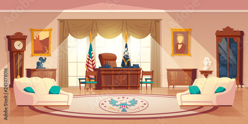 Vector oval cabinet in the white house. Cartoon interior with furniture - desk for work, sofa for rest. National flag, carpet. Workplace for president of United States of America in official residence