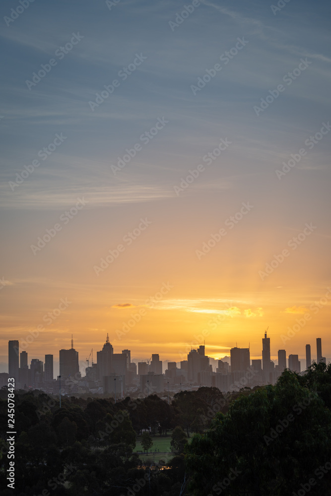 Melbourne city skyline at sunset, Vertical