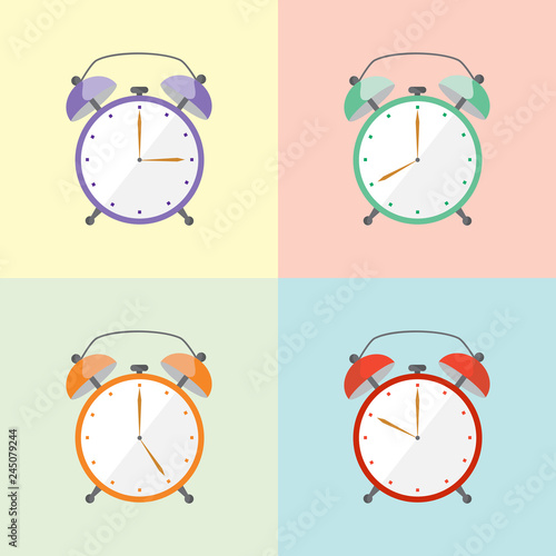 Four colorful alarm retro clock. Vector illustration