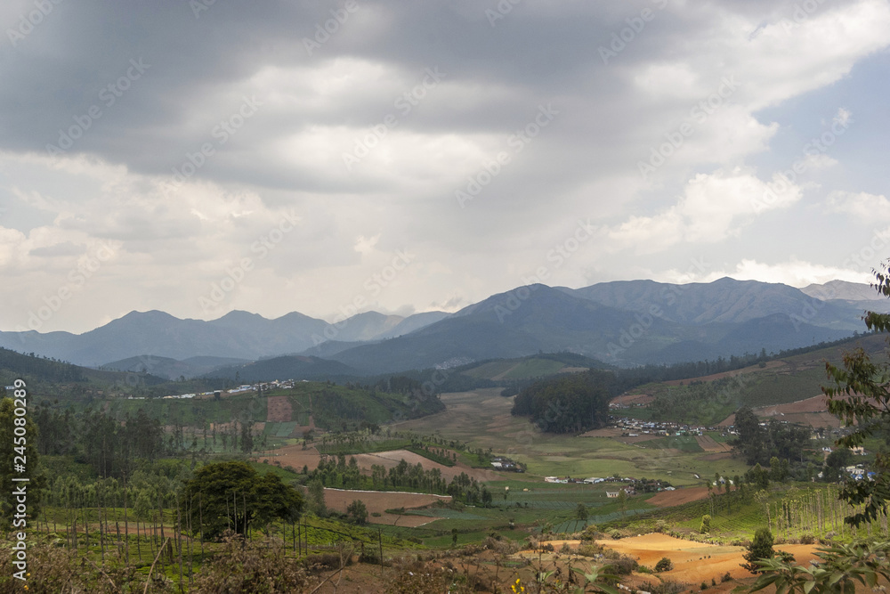 View of Ooty with mountain backdrop, Ootacamund, in Nilgiris, Tamil Nadu, India.
