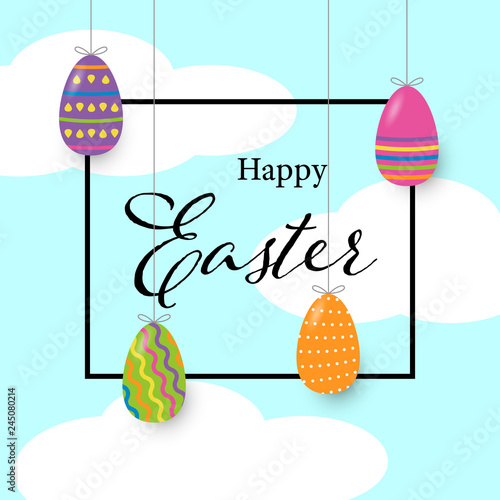 Happy easter banner with eggs and sky background. Vector illustration.