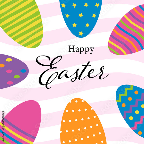 Happy easter poster with eggs with modern text on striped background. Vector illustration.