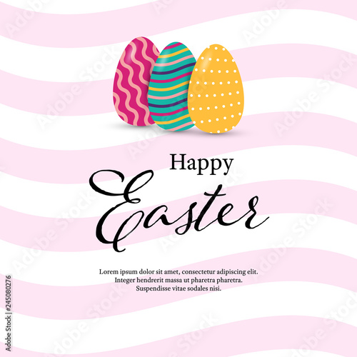 Happy easter greeting card with eggs with modern text on striped background. Vector illustration.