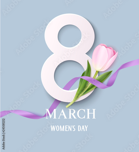 Happy Womens Day. 8March design template. Decorative number with purple ribbon and tulip flowers isolated on blue background. Vector illustration