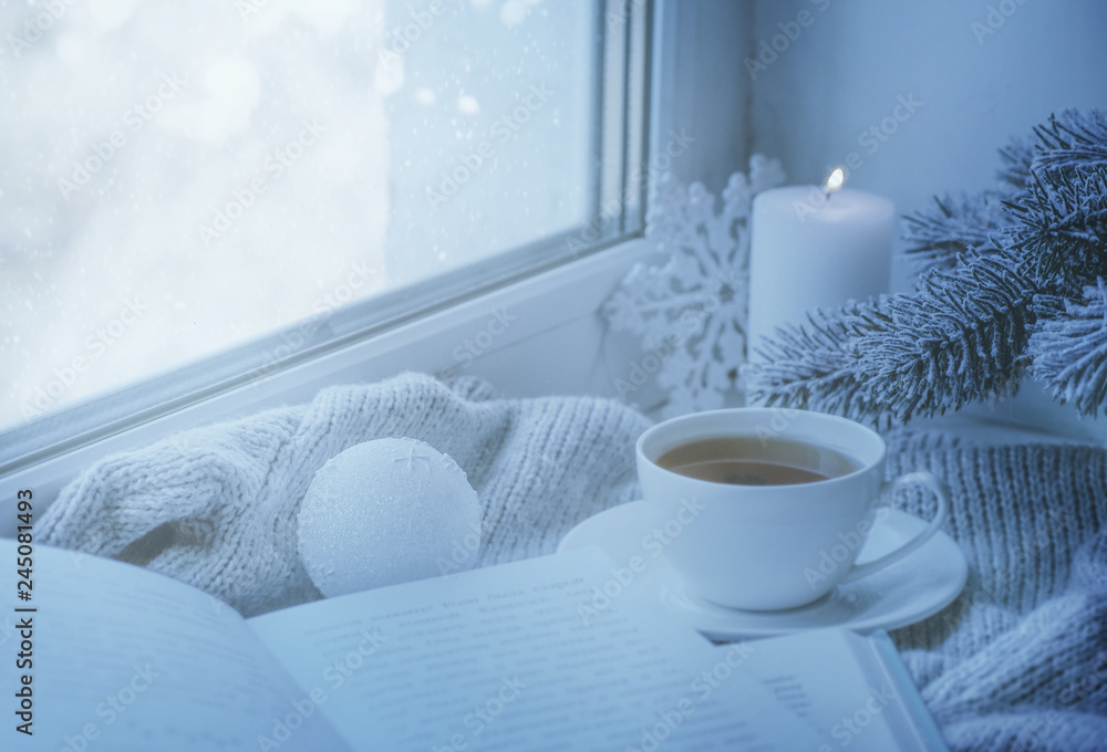 Cozy winter still life: mug of hot tea and book with warm plaid on  windowsill against snow landscape from outside. Stock Photo