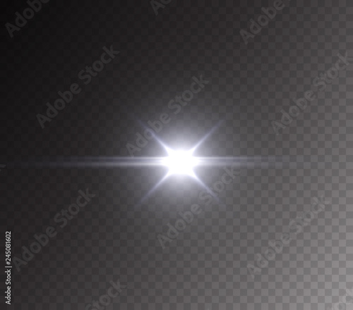 Camera flash light effect isolated on transparent background. White flashlignt, flare or star burst. Vector glow car headlight template.