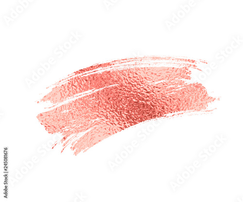 Coral or gold rose foil brush stroke. Pink sparkle glitter paint texture isolated on white background. Vector metal gradient makeup brushstroke pattern.