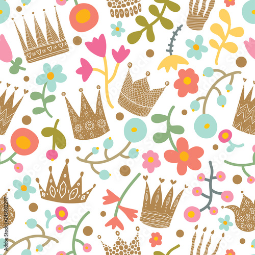 Crowns and flowers. Cute seamless vector pattern.