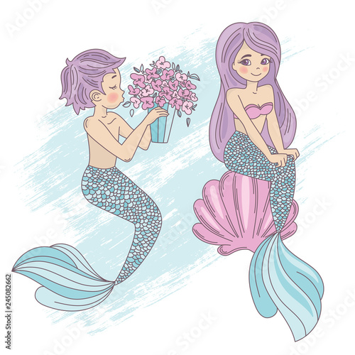 CUTE MERMAID Cartoon Travel Tropical Vector Illustration Set for Print, Fabric and Decoration.