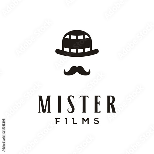 Vintage Bowler Masculine Man Hat with negative film stripes and gentleman mustache for movie cinema production studio logo design