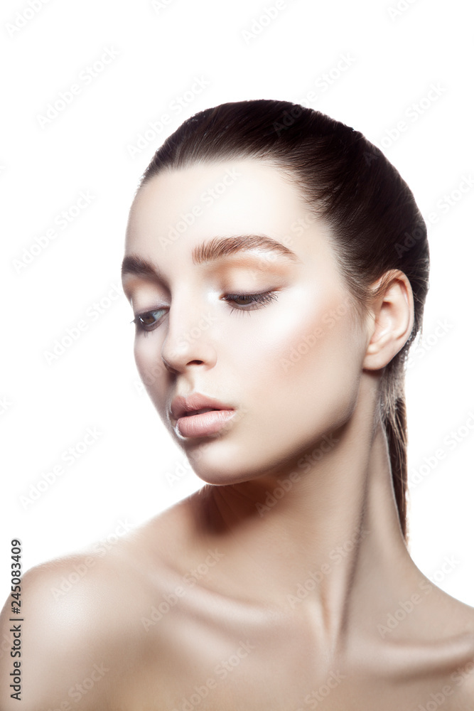 Portrait, beauty young pretty model girl, clean skin, blue eyes, natural make-up. White background. Copy space Portrait, beauty young pretty model girl, clean skin, blue eyes, natural make-up. White background. Copy space