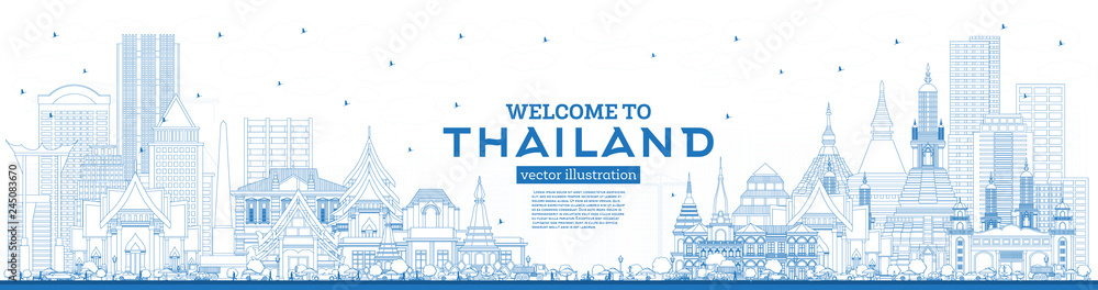 Obraz premium Zarys Witamy w panoramie miasta Tajlandii z niebieskimi budynkami.