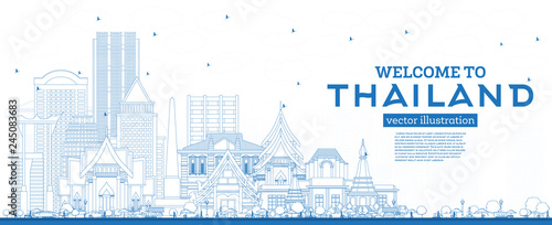 Outline Welcome to Thailand City Skyline with Blue Buildings.