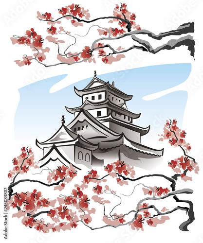 Pagoda and sakura branches.
Japanese palace, pagoda among sakura on a white background. Imitation of watercolor. Vector illustration.