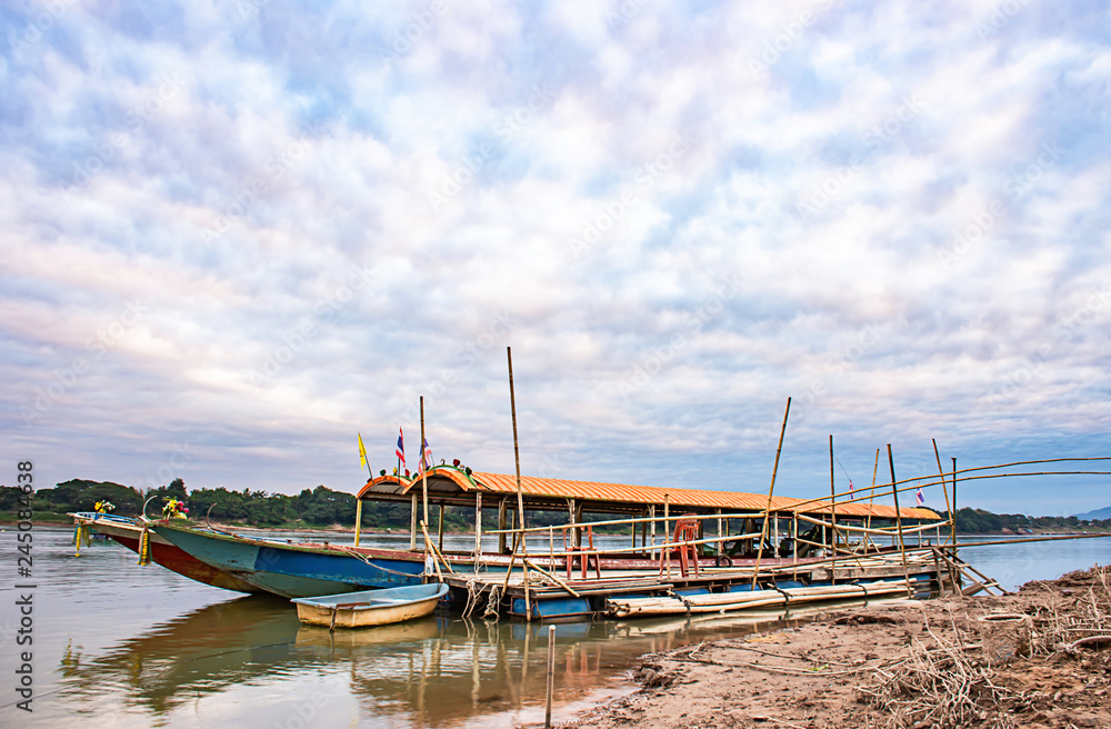 The tourist boat pier park on the Mekong River at Loei in Thailand.