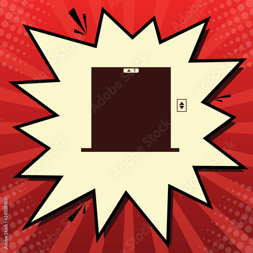 Elevators door sign. Vector. Dark red icon in lemon chiffon shutter bubble at red popart background with rays. Illustration.
