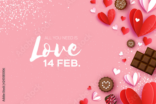 Love Chocolate. Valentines Day Greeting Card. Red white hearts paper cut style and dessert, candy on coral. Origami Happy holidays. Space for Text.