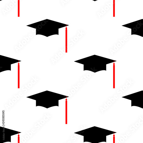 Graduation hat Logo Template Design Elements. Vector illustration isolated on white background. Seamless pattern.