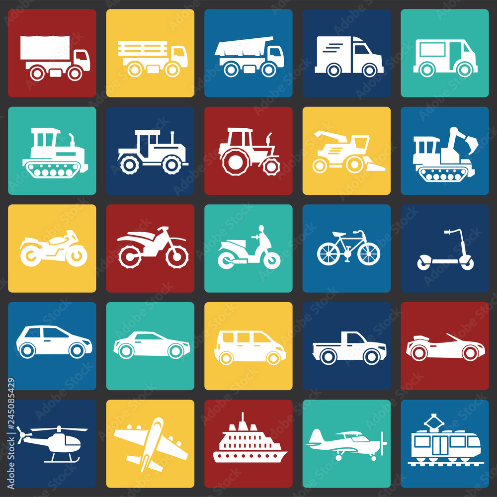 Transportation icons set on color squares background for graphic and web design, Modern simple vector sign. Internet concept. Trendy symbol for website design web button or mobile app