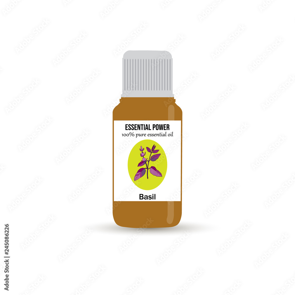 Basil essential oil at brown glass cosmetic bottle Basil essential oil at brown glass cosmetic bottle