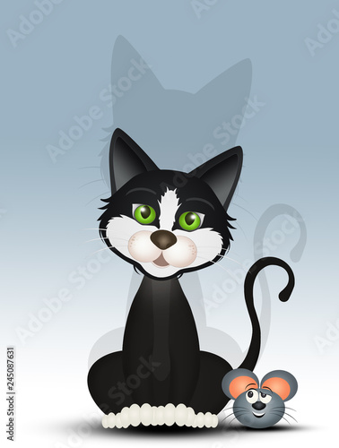 illustration of black cat and mouse