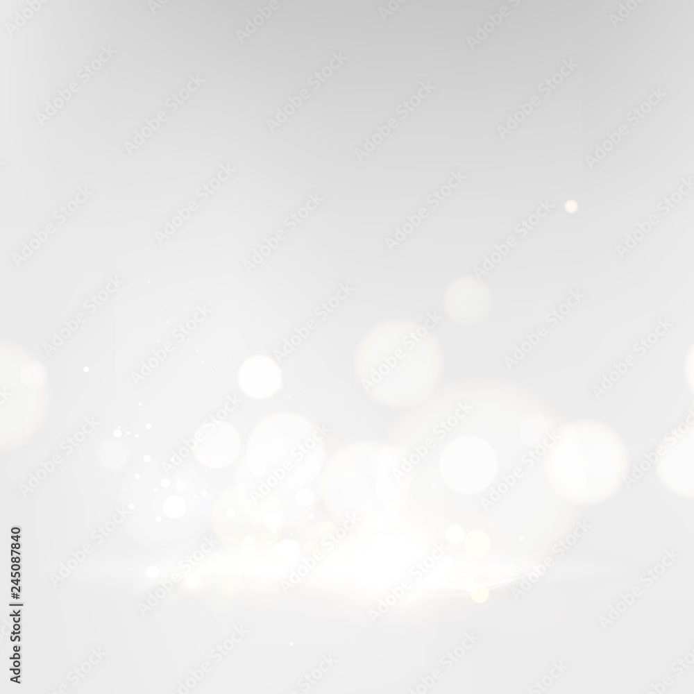 Obraz premium Bokeh of dust on white background. Abstract blur light effect. Falling confetti for carnival celebration. Glitter, light sparkle and shimmer confetti over gray backdrop. Vector illustration.