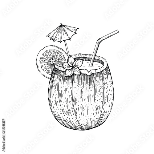Summer tropic coconut cocktail. Exotic fruit hawaiian drink hand drawn art. Cool doodle vector illustration isolated white background. Trendy line art for coloring book, t-shirt print, logo design