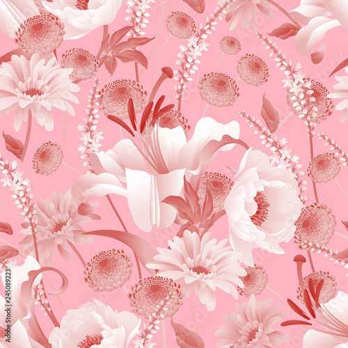 Floral seamless spring pattern. White flowers on pink background.