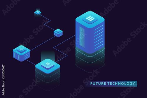 Isometric internet equipment illustration. Powered server and data center. Graphic concept for your design.
