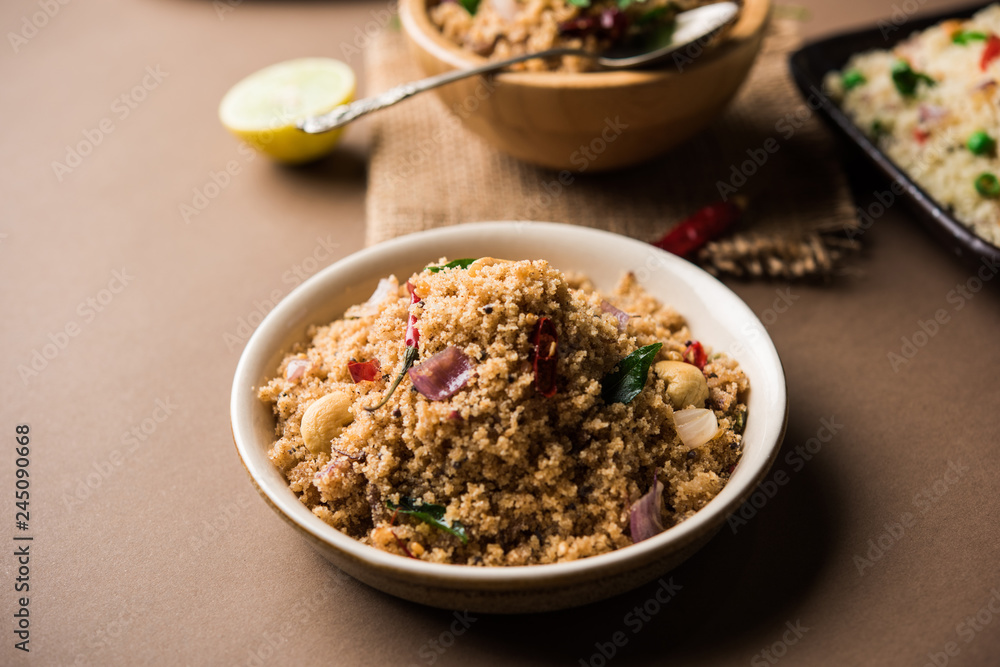 Rava Upma / Uppuma - south indian breakfast served in a bowl. selective focus Rava Upma / Uppuma - south indian breakfast served in a bowl. selective focus
