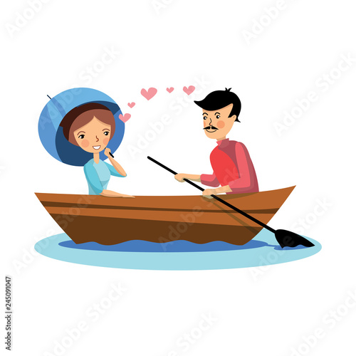 Romantic couple on boat rowing. Woman holding umbrella  man holding wooden paddle. Flat vector design