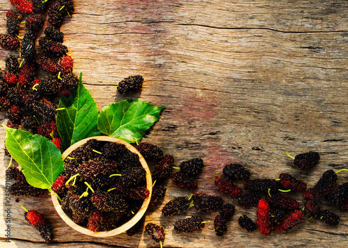Fream of mulberries fruits on wood backgrounds with copy spacefor text