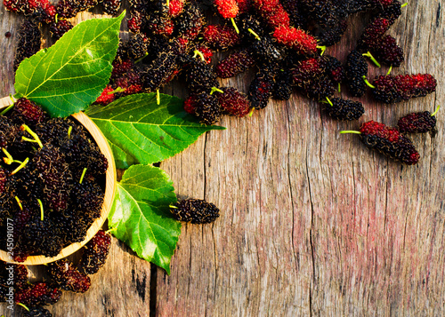 Fresh mulberries fruits organic in bowl on wood backgrounds above,