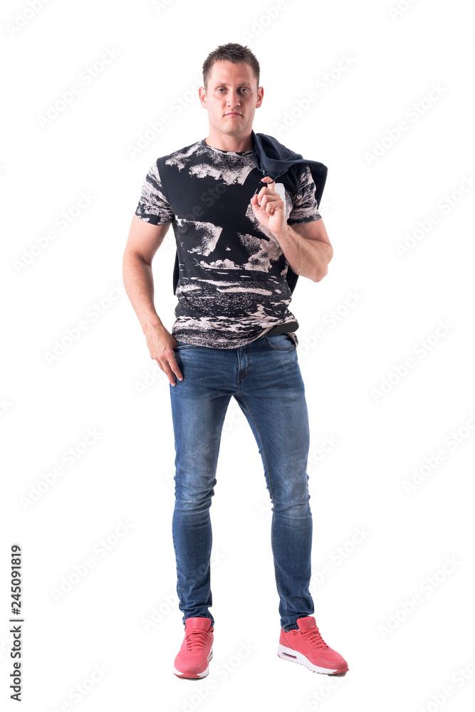 Cool stylish casual man standing with bomber jacket carrying on shoulder. Full body isolated on white background. Cool stylish casual man standing with bomber jacket carrying on shoulder. Full body isolated on white background.