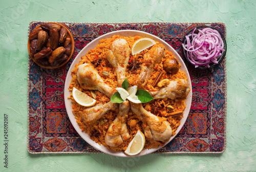 Qatari Chicken Majboos - national dish of Bahrain and Qatar. Arabic cuisine. 
