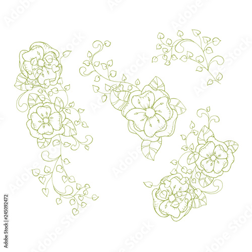 Isolated Vector Floral Branch Element for Coloring Book Pages. Antistress Flower with Leaves and Petals for your Craft Design