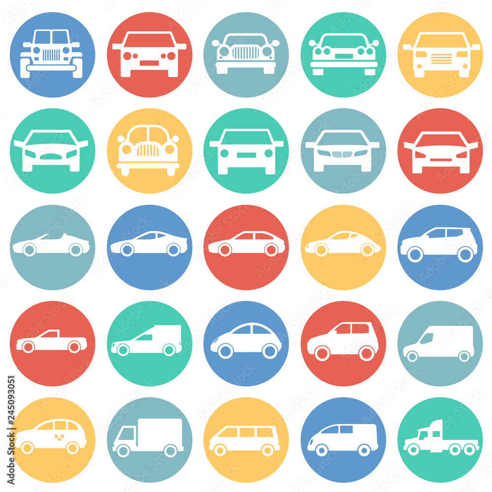 Automobile icons set on color circles white background for graphic and web design, Modern simple vector sign. Internet concept. Trendy symbol for website design web button or mobile app Automobile icons set on color circles white background for graphic and web design, Modern simple vector sign. Internet concept. Trendy symbol for website design web button or mobile app