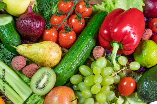 Fototapeta Naklejka Na Ścianę i Meble -  Top view of fresh fruits and vegetables organic, Different fruits and vegetables for eating healthy