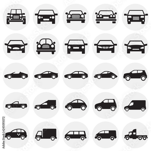 Automobile icons set on circles background for graphic and web design, Modern simple vector sign. Internet concept. Trendy symbol for website design web button or mobile app