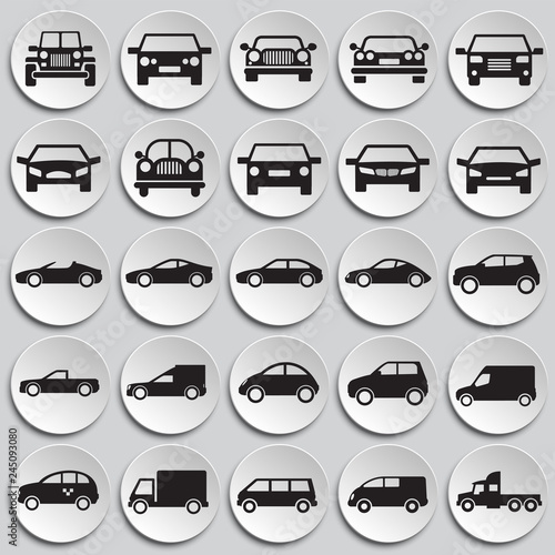Automobile icons set on plates background for graphic and web design, Modern simple vector sign. Internet concept. Trendy symbol for website design web button or mobile app
