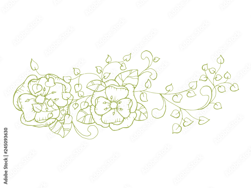 Isolated Vector Floral Branch Element for Coloring Book Pages. Antistress Flower with Leaves and Petals for your Craft Design