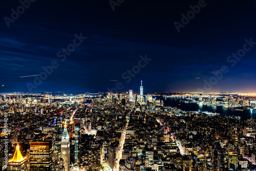High angle view of the skyline of Manhattan at night