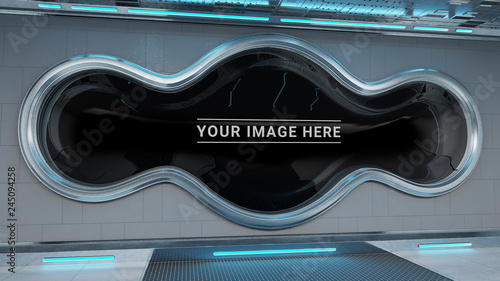 Fototapeta Naklejka Na Ścianę i Meble -  White spaceship interior with large window view 3D rendering