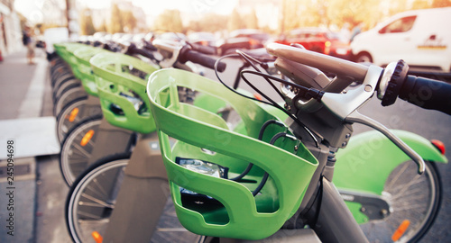 Photography Number of bicycles are on parking for rent by tourists contactless payment