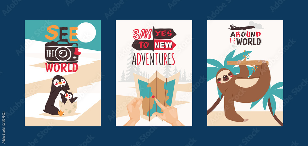 Travelling concept set of cards vector illustration. See the world. Say yes to new adventures. Around the world. Taking photos of animals. Using map. Sloth hanging on tree.